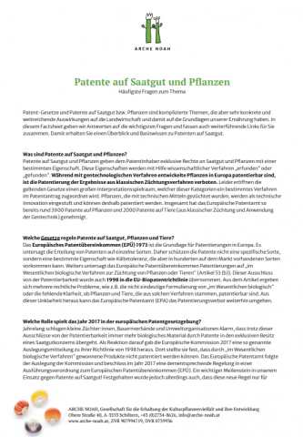 Infoblatt Patente ARCHE NOAH